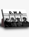 Personalized D.W.A. standing canvas featuring four pets in black and white, dressed in hip-hop attire.