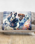 Personalized pet blanket featuring two dogs in football jerseys with helmets, in a vibrant, artistic style.