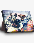 Personalized standing canvas featuring two pets as football players in Dallas Doggos jerseys.
