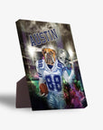 Personalized pet standing canvas featuring a bulldog in a Dallas Cowboys uniform with a football and helmet.