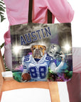 Personalized Dallas Doggos tote bag with a bulldog pet portrait in a football uniform.