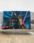 Personalized 2-pet blanket featuring a black dog as Darth Vader and a German Shepherd as a Jedi.