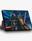 Personalized canvas with two dogs dressed as Darth Vader and a Jedi, holding red and purple lightsabers.