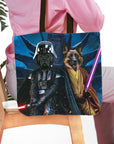Personalized 2 pet tote bag with dog portraits as Darth Woofer and Jedi-Doggo.