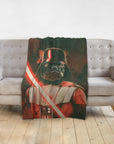 Personalized pet blanket with a French Bulldog in a Darth Vader portrait, holding a red lightsaber.