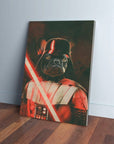 Personalized 'Darth Woofer' canvas featuring a French Bulldog in a black Darth Vader costume with a red lightsaber.
