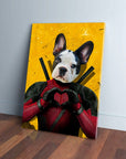 Personalized 'Deadpaw' pet canvas featuring a French Bulldog in a red and black superhero suit making a heart shape.