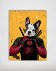 Personalized 'Deadpaw' pet poster featuring a French Bulldog in a red and black superhero suit making a heart shape.