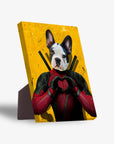 Personalized pet standing canvas featuring a French Bulldog in a red superhero suit making a heart shape.