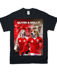 Black Gildan t-shirt featuring two dogs, a Weimaraner and a Beagle, in red soccer jerseys.