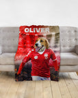 Personalized pet blanket with a Beagle dog in a red soccer uniform, named "Oliver.