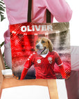 Personalized Denmark Doggos Soccer tote bag with a custom Beagle pet portrait in a red jersey.