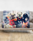 Personalized minky blanket with two custom dog portraits in football uniforms.