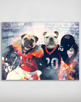 Personalized matte poster featuring a pug in a red football uniform and a bulldog in a blue uniform.