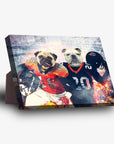 Personalized 2-pet standing canvas featuring a pug and bulldog in football uniforms.