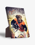 Personalized pet standing canvas featuring a chocolate lab in a Broncos football uniform, named "Colt.