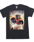Black Gildan t-shirt with a personalized graphic of a chocolate lab in a Broncos football uniform.