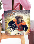 Personalized tote bag with a custom cartoon portrait of a chocolate lab dog in a football uniform.
