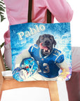 Personalized Detroit Doggos tote bag with a custom black dog portrait in a blue football uniform.