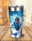 Personalized stainless steel tumbler with a custom portrait of a black dog in a blue football uniform.