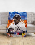 Personalized pet blanket featuring a pug in a Detroit Tigers baseball uniform with "Marshall" on it.
