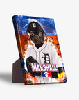 Personalized pet standing canvas featuring a pug in a Detroit Tigers baseball uniform with "Marshall" on the front.