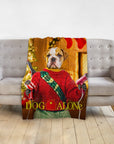 Personalized minky blanket featuring a bulldog in a "Dog Alone" Christmas portrait design on a gray sofa.