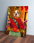 Personalized 'Dog Alone' pet canvas featuring a bulldog in a red sweater holding hair dryers.