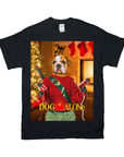Black Gildan t-shirt with a bulldog in a red sweater holding hair dryers, "Dog Alone" text, and Christmas decor.
