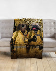 Personalized custom pet portrait blanket featuring two pugs in Ghostbusters costumes on a gray sofa.