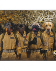Personalized Dog Busters blanket with four dogs in Ghostbusters costumes.