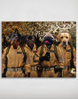 Personalized 'Dog Busters' poster featuring four pets in tan Ghostbusters uniforms with proton packs.