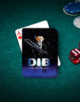 Personalized playing card featuring a dog in a black suit with a weapon, "DIB Dog In Black" text, on a green felt table with poker chips and dice.