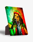 Personalized 'Dog Marley' pet portrait on a standing canvas, featuring a dog in a Rasta hat and dreadlocks holding a microphone.