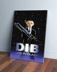Personalized 'Dog in Black' canvas featuring a yellow lab in a black suit holding a futuristic gun against a starry background.