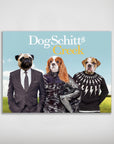 Personalized 'DogSchitt's Creek' poster featuring a pug in a suit, a Cavalier King Charles Spaniel in a sequin dress, and a bulldog in a lightning bolt sweater.