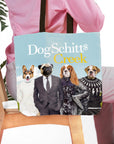 Personalized DogSchitt's Creek tote bag with four custom pet portraits in human clothes.