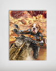 Personalized matte poster featuring a bulldog in a black and orange motorcycle suit riding a bike through a desert landscape.