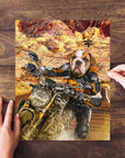 Personalized Dogati Rider pet puzzle featuring a bulldog in a motorcycle suit on a desert road.