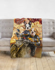 Personalized pet blanket with two dogs in motorcycle gear riding a bike, desert background.