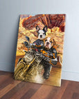 Personalized 2 pet canvas featuring a French Bulldog and English Bulldog riding a motorcycle through a desert landscape.
