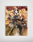 Personalized 'Dogati Riders' poster featuring two pets, a French Bulldog and a Bulldog, on a motorcycle.