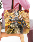 Personalized 'Dogati Riders' tote bag featuring custom pet portraits of a French Bulldog and Bulldog on a motorcycle.