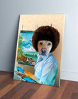 Custom "Dogg Ross" pet canvas featuring a dog with an afro, blue shirt, and painting palette.