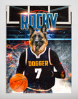Personalized "Dogger Nuggets" poster featuring a German Shepherd in a black basketball jersey holding a ball.