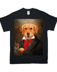 Black Gildan t-shirt with a personalized golden retriever "Dogghoven" portrait, wearing a suit and red cravat.