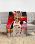 Personalized pet blanket with a boxer dog in a basketball uniform, "DOGGY 34" and "MILO" text.