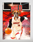Personalized "Doggo Heat" poster featuring a boxer dog in a white basketball uniform with "DOGGY 34" and "MILO" text.