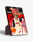 Personalized 'Doggo Heat' standing canvas featuring a boxer dog in a basketball jersey with a red court background.