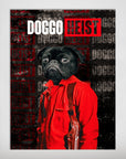 Personalized 'Doggo Heist' poster featuring a black pug in a red hoodie with a shoulder holster.